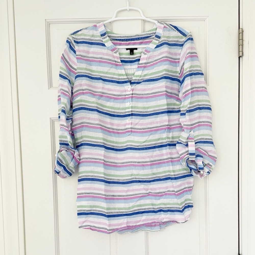 TALBOTS top size M white blue pink striped 100% linen roll tab sleeves shirt